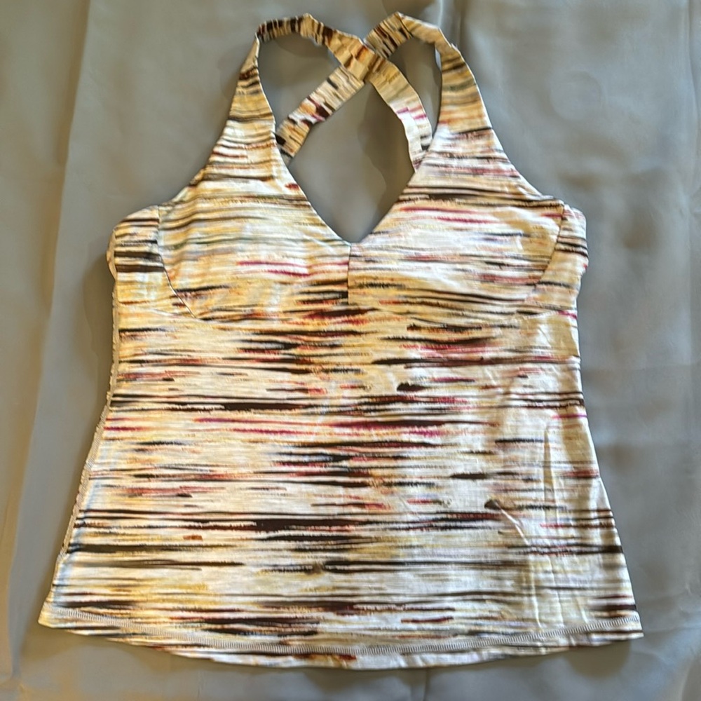 Prana tank top, cross straps, gray with multicolor splashes, size L